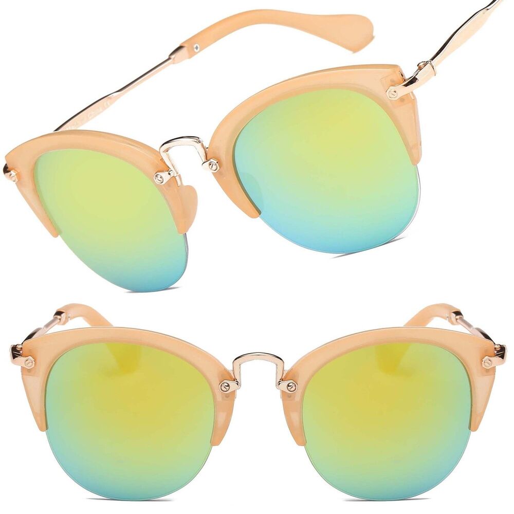 Retro Classic Half Frame Womens Green Mirrored Lens Cat Eye Sunglasses